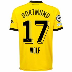 Stretchable Ribbed Collar Puma Borussia Dortmund Marius Wolf Home Jersey w/ Champions League Patches 23/24 (Cyber Yellow/Puma Black)