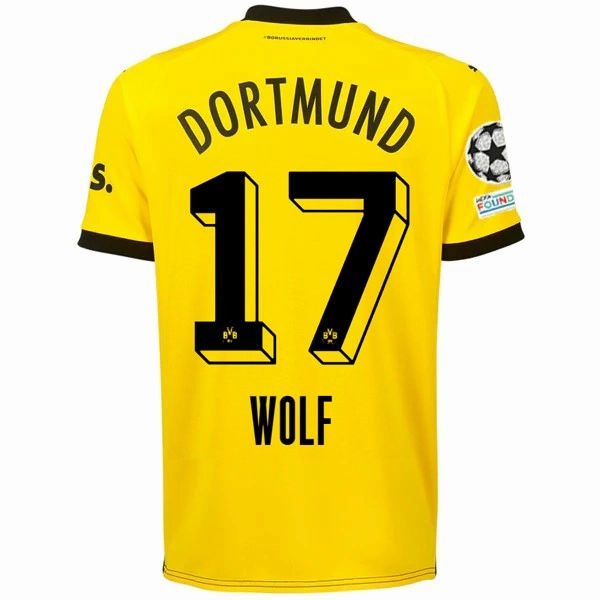Stretchable Ribbed Collar Puma Borussia Dortmund Marius Wolf Home Jersey w/ Champions League Patches 23/24 (Cyber Yellow/Puma Black)