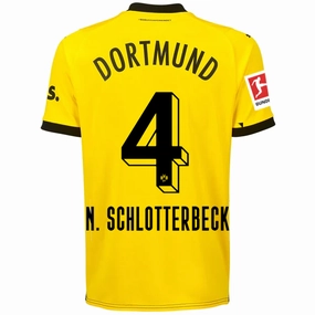 Puma Borussia Dortmund Schlotterbeck Home Jersey w/ Bundesliga Patch 23/24 (Cyber Yellow/Puma Black) Moisture Control System Flexible Neck Opening