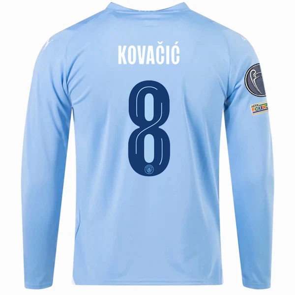 Crisp Look Layered Look Design Puma Manchester City Akanji Home Long Sleeve Jersey w/ Champions League   Club World Cup Patches 23/24 (Team Light Blue/Puma White)
