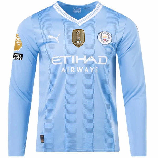 Puma Manchester City Akanji Home Long Sleeve Jersey w/ EPL   No Room For Racism   Club World Cup Patches 23/24 (Team Light Blue/Puma White) Reinforced Hem Durability
