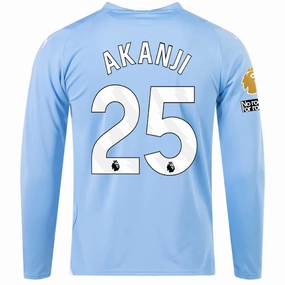 Four Way Stretch Material Puma Manchester City Akanji Home Long Sleeve Jersey w/ EPL   No Room For Racism   Club World Cup Patches 23/24 (Team Light Blue/Puma White)