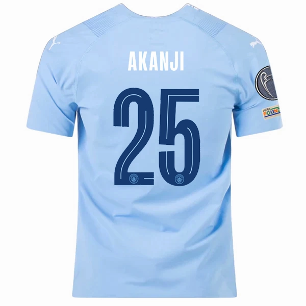 Puma Manchester City Authentic Akanji Home Jersey w/ Champions League   Club World Cup Patches 23/24 (Team Light Blue/Puma White) Non Restrictive Cuffs Thermal Insulation Layer