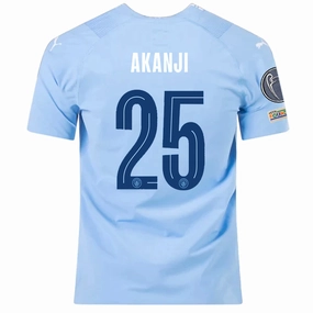 Puma Manchester City Authentic Akanji Home Jersey w/ Champions League   Club World Cup Patches 23/24 (Team Light Blue/Puma White) Non Restrictive Cuffs Thermal Insulation Layer