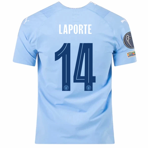 Puma Manchester City Authentic Aymeric Laporte Home Jersey w/ Champions League   Club World Cup Patches 23/24 (Team Light Blue/Puma White) Stretchable Armholes Ribbed Hem Detail