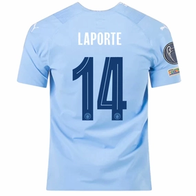 Puma Manchester City Authentic Aymeric Laporte Home Jersey w/ Champions League   Club World Cup Patches 23/24 (Team Light Blue/Puma White) Anti Odor Treatment