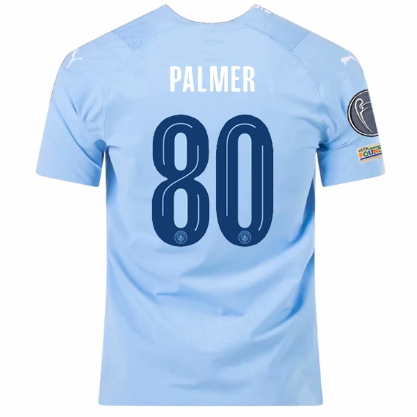 Puma Manchester City Authentic Cole Palmer Home Jersey w/ Champions League   Club World Cup Patches 23/24 (Team Light Blue/Puma White) Variable Density Knitting Reinforced Hemline