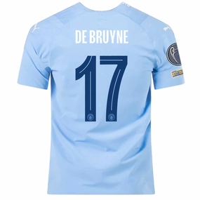 Versatile Apparel Puma Manchester City Authentic De Bruyne Home Jersey w/ Champions League   Club World Cup Patches 23/24 (Team Light Blue/Puma White)