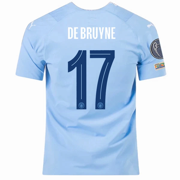 Puma Manchester City Authentic De Bruyne Home Jersey w/ Champions League   Club World Cup Patches 23/24 (Team Light Blue/Puma White) Boost Fit Quick Recovery Fabric