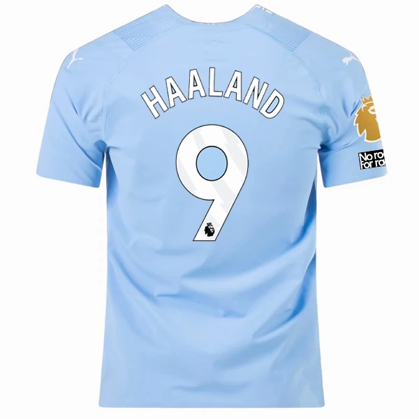 Puma Manchester City Authentic Erling Haaland Home Jersey w/ EPL   No Room For Racism   Club World Cup Patches 23/24 (Team Light Blue/Puma White) Neutral palette Tagless Neckline Design