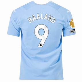 Puma Manchester City Authentic Erling Haaland Home Jersey w/ EPL   No Room For Racism   Club World Cup Patches 23/24 (Team Light Blue/Puma White) Neutral palette Tagless Neckline Design