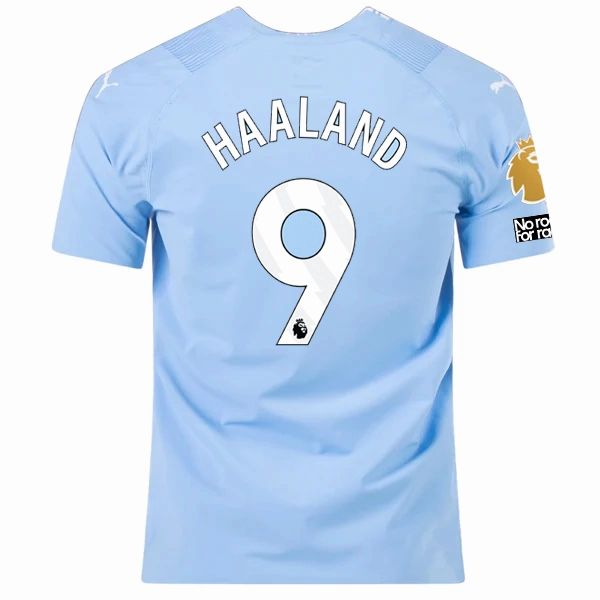 Puma Manchester City Authentic Erling Haaland Home Jersey w/ EPL   No Room For Racism   Club World Cup Patches 23/24 (Team Light Blue/Puma White) Wicking Fiber Technology