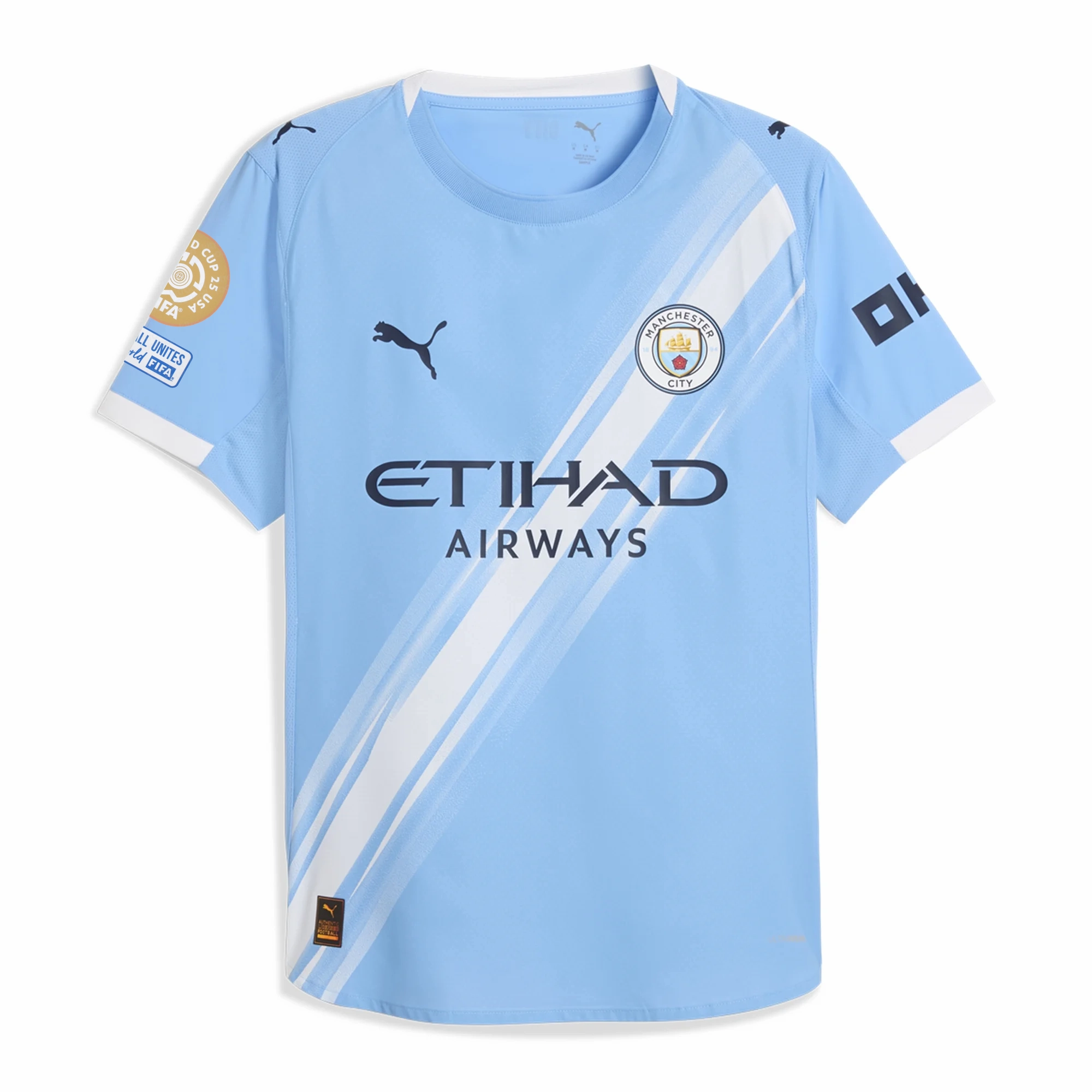 Tubular Body Mapping Ultra Flex Ribbed Trim Puma Manchester City Authentic Home Jersey w/ Cub World Cup Patches 25/26 (Team Light Blue/White)