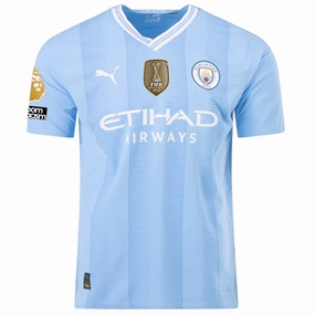 Streamlined Fit Double Stitched Hem Puma Manchester City Authentic Home Jersey w/ EPL   No Room For Racism   Club World Cup Patches 23/24 (Team Light Blue/Puma White)