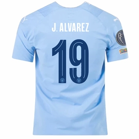 Breathable Base Puma Manchester City Authentic Julian Alvarez Home Jersey w/ Champions League   Club World Cup Patches 23/24 (Team Light Blue/Puma White)