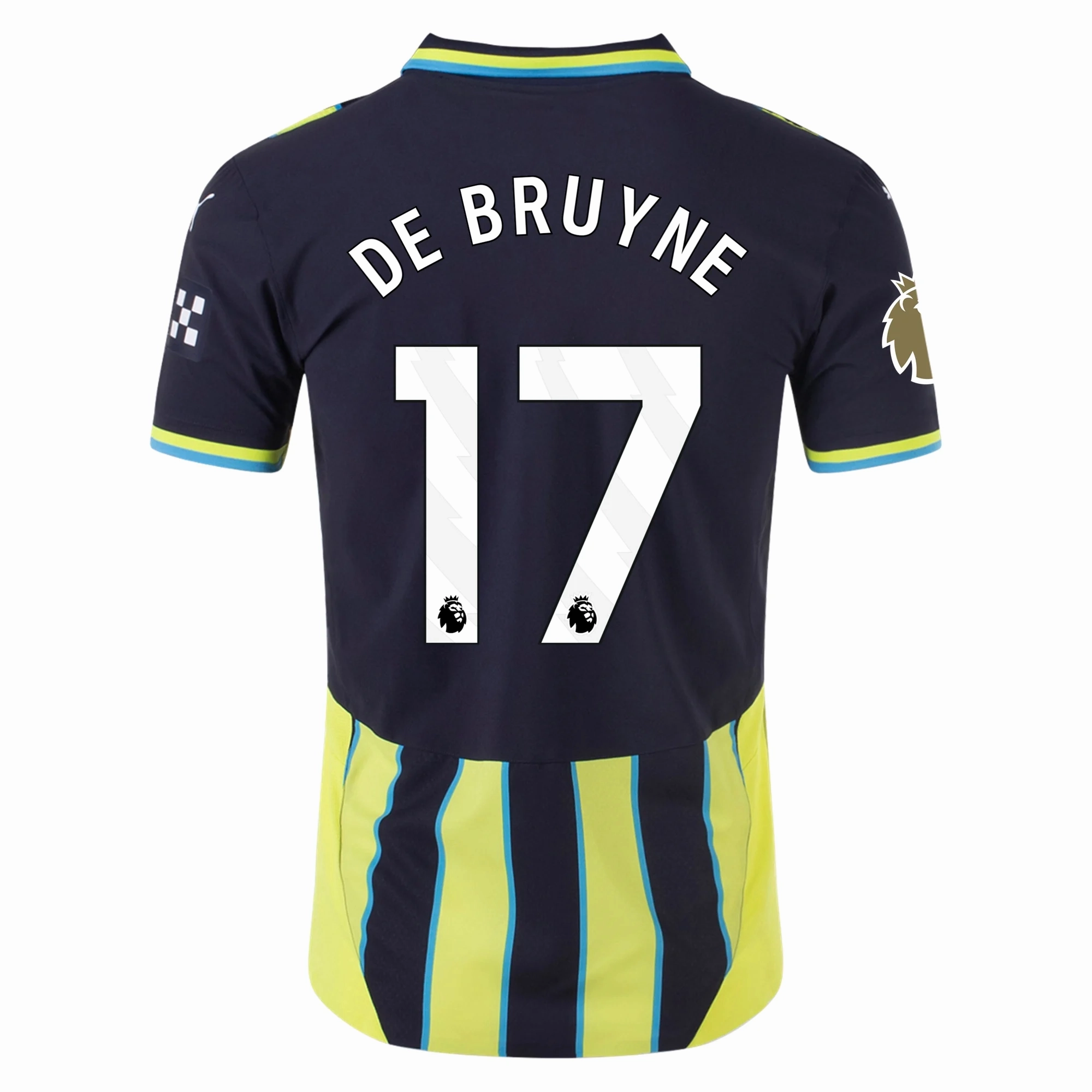 Puma Manchester City Authentic Kevin De Bruyne Away Jersey w/ EPL   Club World Cup Patch 24/25 (New Navy/Yellow Glow) Flexible Neckline Brushed Interior
