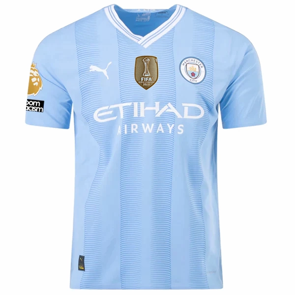 Puma Manchester City Authentic Rico Lewis Home Jersey w/ EPL   No Room For Racism   Club World Cup Patches 23/24 (Team Light Blue/Puma White) Recycled Material Blend Wrinkle resistant fabric