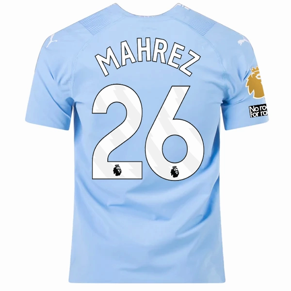 Tear Resistant Fabric Comfort Stretch Fit Puma Manchester City Authentic Riyad Mahrez Home Jersey w/ EPL   No Room For Racism   Club World Cup Patches 23/24 (Team Light Blue/Puma White)