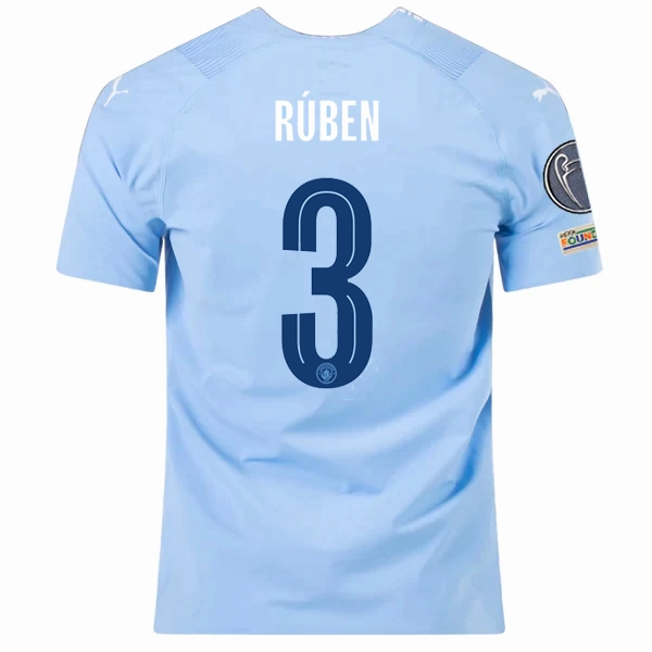 Flexible Hemline Performance Fit Puma Manchester City Authentic Ruben Dias Home Jersey w/ Champions League   Club World Cup Patches 23/24 (Team Light Blue/Puma White)
