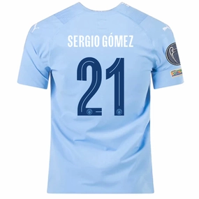 Puma Manchester City Authentic Sergio Gomez Home Jersey w/ Champions League   Club World Cup Patches 23/24 (Team Light Blue/Puma White) Double Stitched Hemming