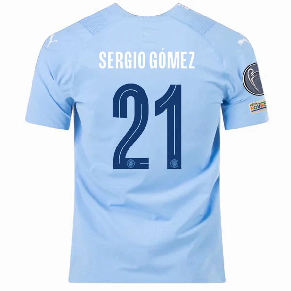 Durable Double Stitched Functional Activewear Puma Manchester City Authentic Sergio Gomez Home Jersey w/ Champions League   Club World Cup Patches 23/24 (Team Light Blue/Puma White)