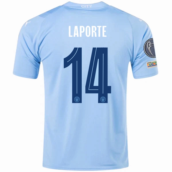 Puma Manchester City Aymeric Laporte Home Jersey w/ Champions League   Club World Cup Patches 23/24 (Team Light Blue/Puma White) Ventilated Mesh Panel