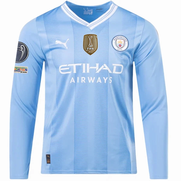 Ergonomic Articulated Fit Weather Neutral Puma Manchester City Aymeric Laporte Home Long Sleeve Jersey w/ Champions League   Club World Cup Patches 23/24 (Team Light Blue/Puma White)