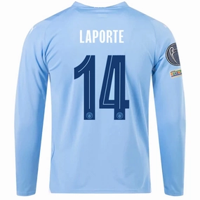 Puma Manchester City Aymeric Laporte Home Long Sleeve Jersey w/ Champions League   Club World Cup Patches 23/24 (Team Light Blue/Puma White) Outdoor Ready
