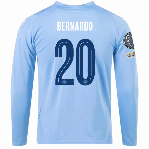 Moisture Transfer Dynamic Performance Puma Manchester City Bernardo Silva Home Long Sleeve Jersey w/ Champions League   Club World Cup Patches 23/24 (Team Light Blue/Puma White)