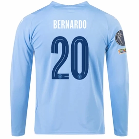 Ultra Soft Weave Puma Manchester City Bernardo Silva Home Long Sleeve Jersey w/ Champions League   Club World Cup Patches 23/24 (Team Light Blue/Puma White)