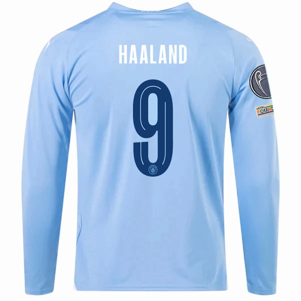 Puma Manchester City Erling Haaland Home Long Sleeve Jersey w/ Champions League   Club World Cup Patches 23/24 (Team Light Blue/Puma White) Sweat Zone Abrasion Resistant Surface