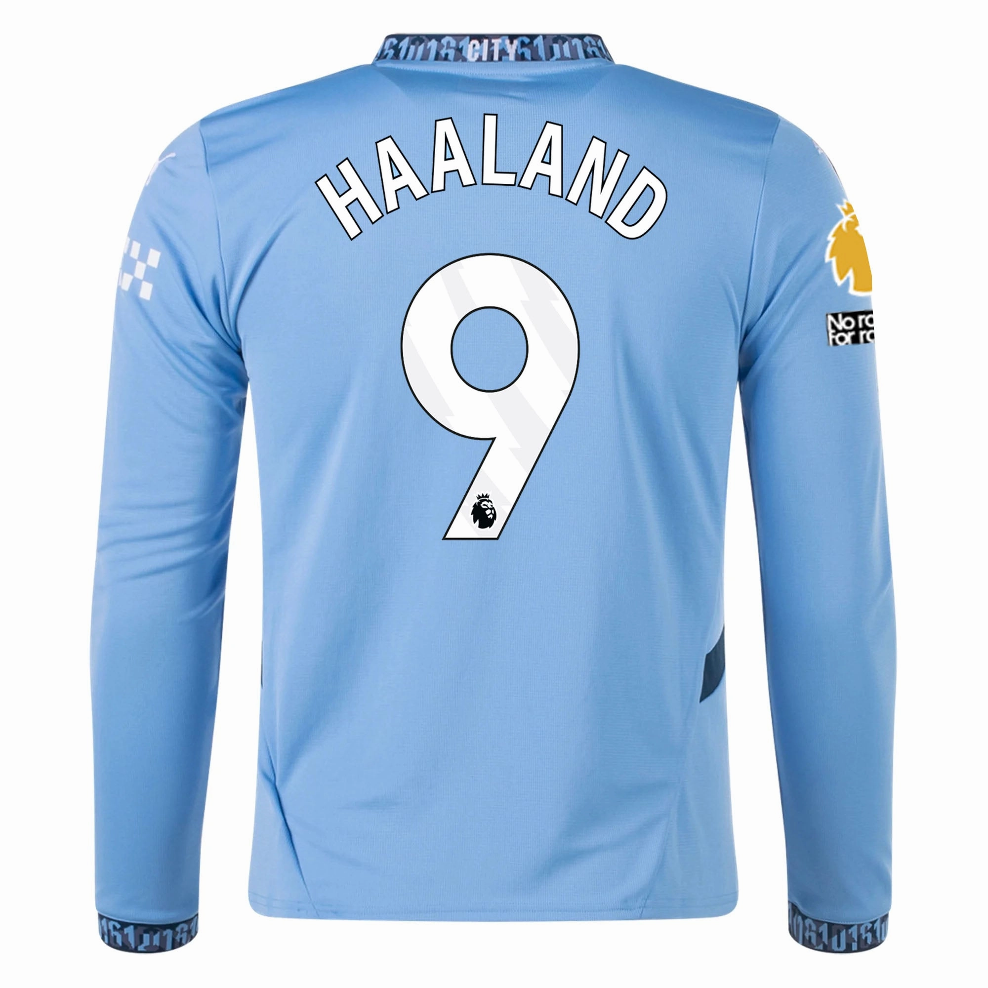 Puma Manchester City Erling Haaland Home Long Sleeve Jersey w/ EPL   No Room For Racism Patch 24/25 (Team Light/Marine Blue) Garment Dyed Finish