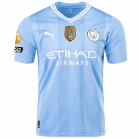 Puma Manchester City Home Jersey w/ EPL   No Room For Racism   Club World Cup Patches 23/24 (Team Light Blue/Puma White) Body Movement