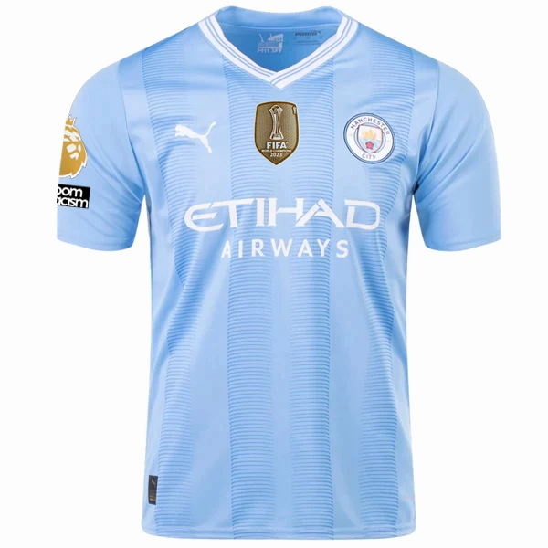 Puma Manchester City Home Jersey w/ EPL   No Room For Racism   Club World Cup Patches 23/24 (Team Light Blue/Puma White) Body Movement