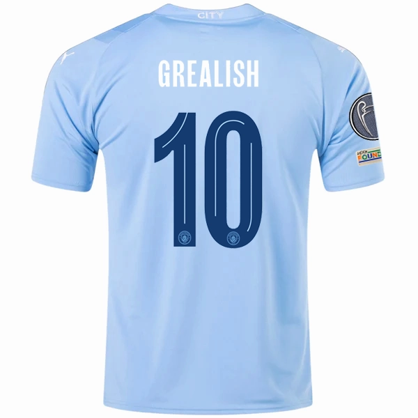 Puma Manchester City Jack Grealish Home Jersey w/ Champions League   Club World Cup Patches 23/24 (Team Light Blue/Puma White) Friction Free Hemline Design