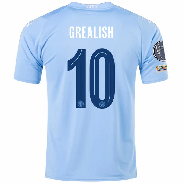 Puma Manchester City Jack Grealish Home Jersey w/ Champions League   Club World Cup Patches 23/24 (Team Light Blue/Puma White) Flexible Shoulder Gusset