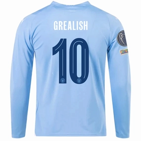 Puma Manchester City Jack Grealish Home Long Sleeve Jersey w/ Champions League   Club World Cup Patches 23/24 (Team Light Blue/Puma White) Roll Up Cuff System