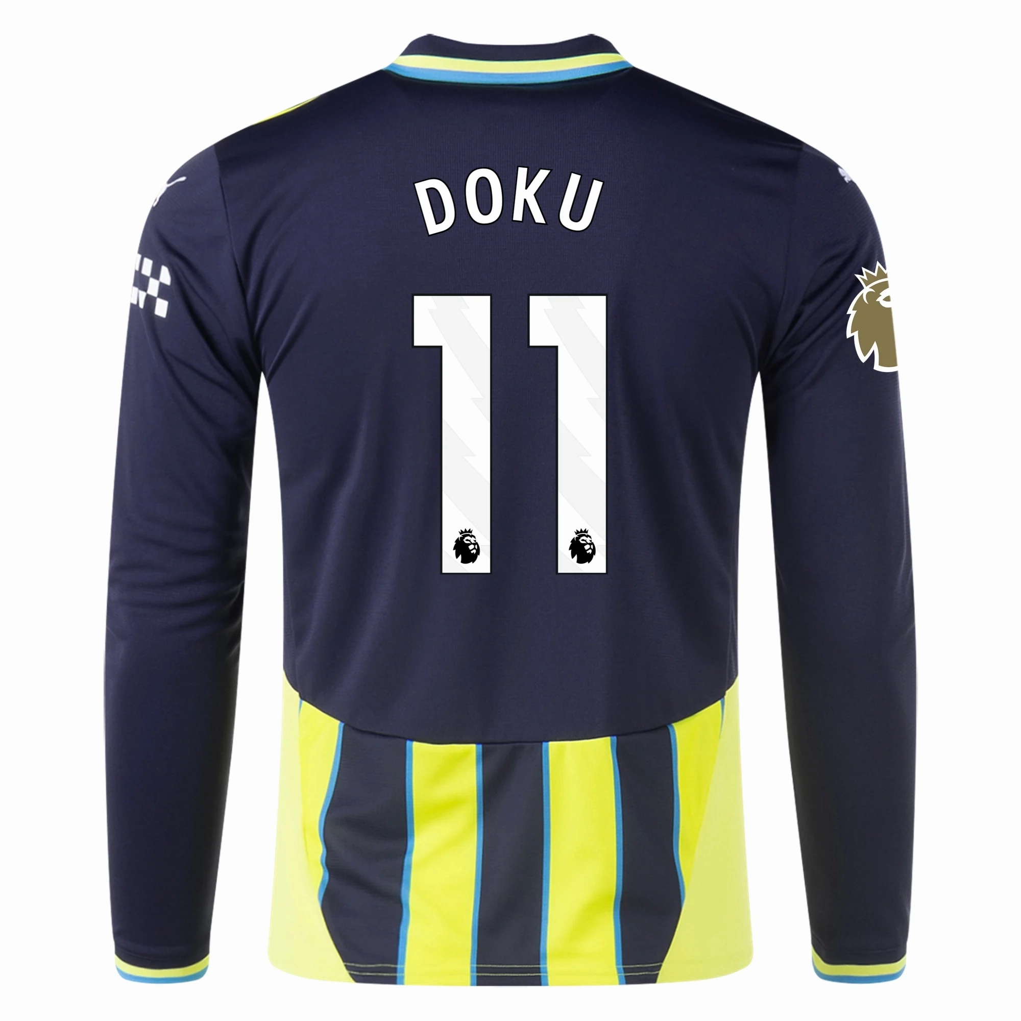 Puma Manchester City Jeremy Doku Long Sleeve Away Jersey w/ EPL   Club World Cup Patch 24/25 (New Navy/Yellow Glow) Athletic Ribbed Cuffs