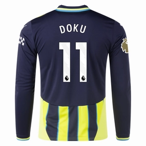 Puma Manchester City Jeremy Doku Long Sleeve Away Jersey w/ EPL   Club World Cup Patch 24/25 (New Navy/Yellow Glow) Athletic Ribbed Cuffs