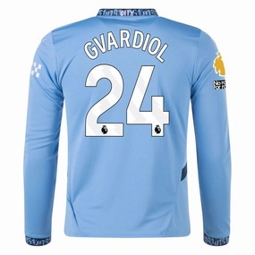 All weather Sweat Management Technology Puma Manchester City Jo?ko Gvardiol Home Long Sleeve Jersey w/ EPL   No Room For Racism Patch 24/25 (Team Light/Marine Blue)