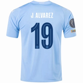 Puma Manchester City Julian Alvarez Home Jersey w/ Champions League   Club World Cup Patches 23/24 (Team Light Blue/Puma White) Sporty Outfit Non Restrictive Tailoring