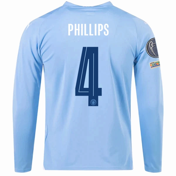 Puma Manchester City Kalvin Phillips Home Long Sleeve Jersey w/ Champions League   Club World Cup Patches 23/24 (Team Light Blue/Puma White) Balanced Fit