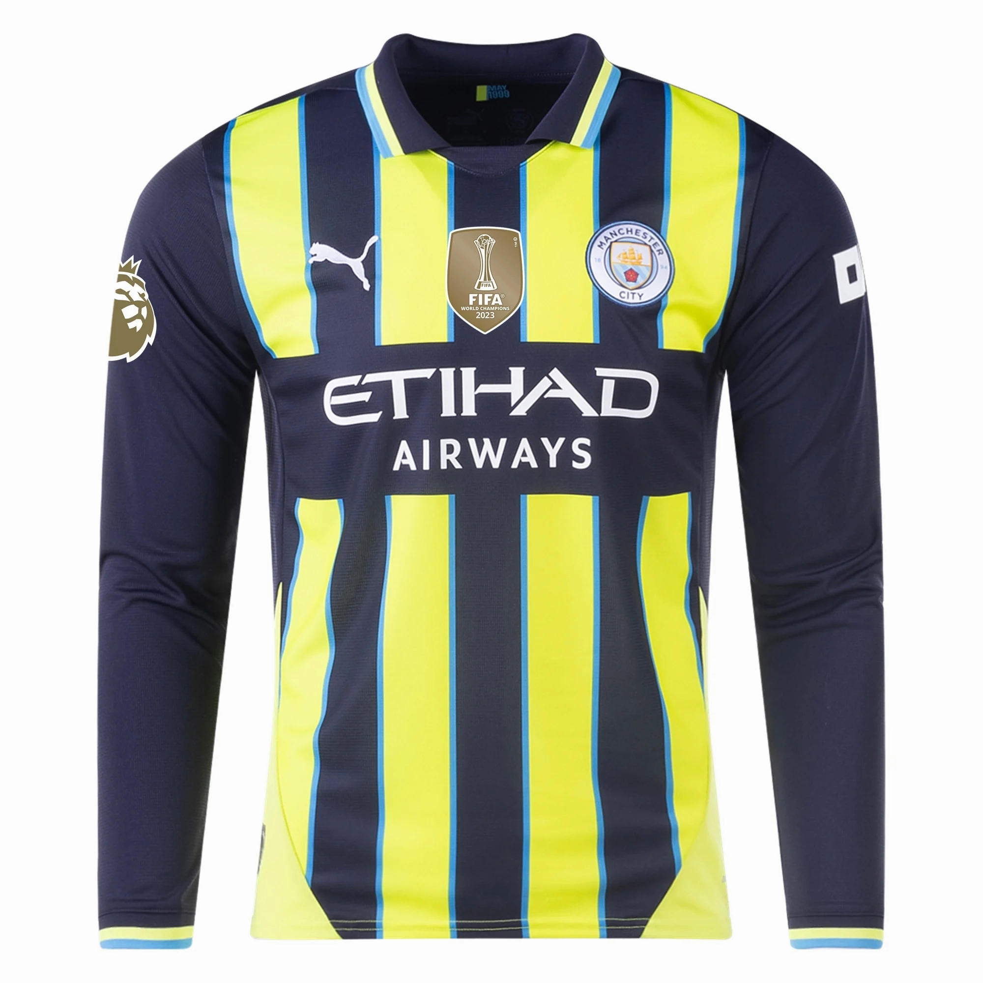Quick Movement Abrasion Resistant Zones Puma Manchester City Kevin De Bruyne Long Sleeve Away Jersey w/ EPL   Club World Cup Patch 24/25 (New Navy/Yellow Glow)