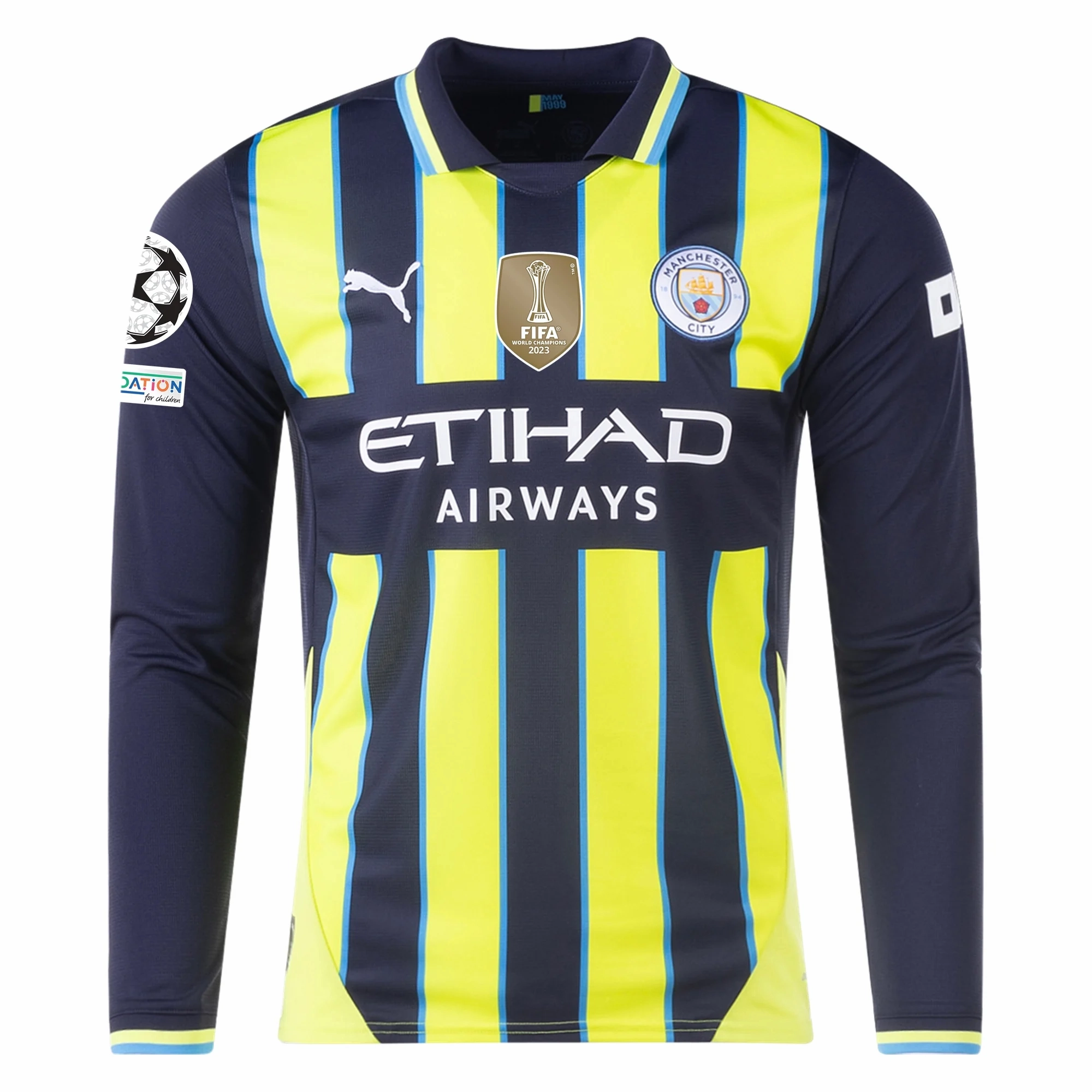 Easy Movement Quick Motion Puma Manchester City Long Sleeve Away Jersey w/ Champions League   Club World Cup Patches 24/25 (New Navy/Yellow Glow)
