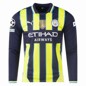 Comfortable fit Non Restrictive Cuffs Puma Manchester City Long Sleeve Away Jersey w/ Champions League   Club World Cup Patches 24/25 (New Navy/Yellow Glow)