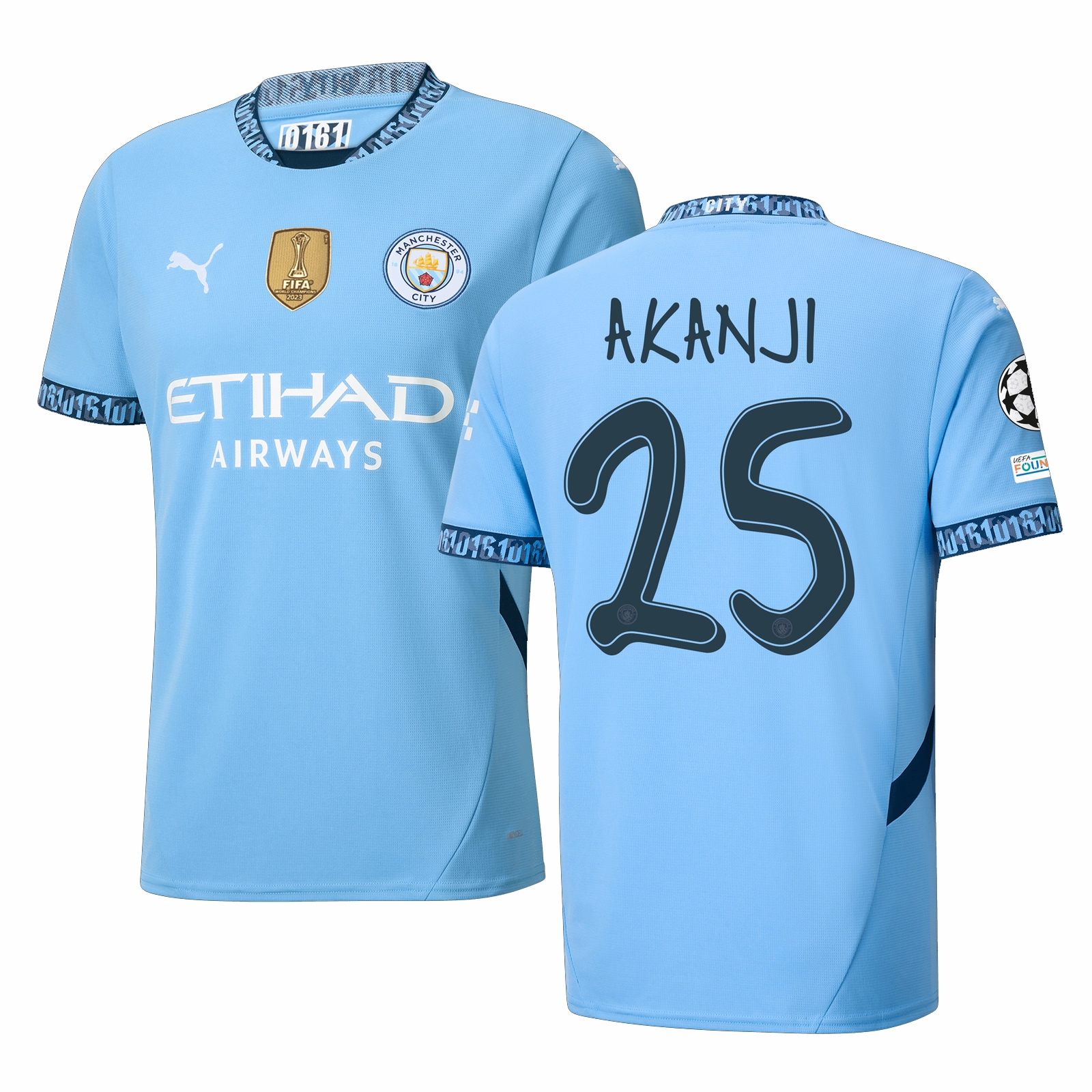 Pre Shrunk Fabric Puma Manchester City Manuel Akanji Home Jersey w/ Champions League   Club World Cup Patch 24/25 (Team Light Blue/Marine Blue)