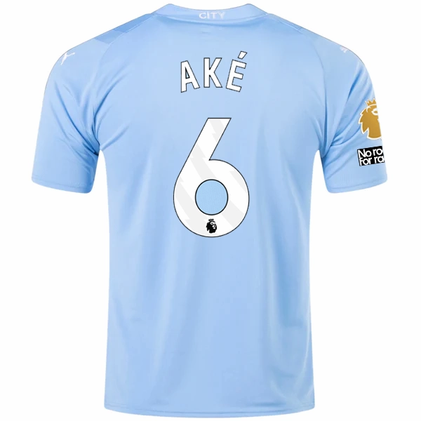 Soft Touch Interior Biodegradable Synthetic Fibers Puma Manchester City Nathan Ake Home Jersey w/ EPL   No Room For Racism   Club World Cup Patches 23/24 (Team Light Blue/Puma White)