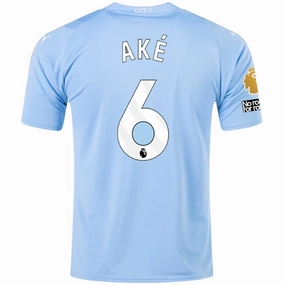 Puma Manchester City Nathan Ake Home Jersey w/ EPL   No Room For Racism   Club World Cup Patches 23/24 (Team Light Blue/Puma White) Low Bulk Texture Pre Shrunk Material