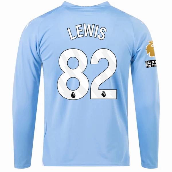 Puma Manchester City Rico Lewis Home Long Sleeve Jersey w/ EPL   No Room For Racism   Club World Cup Patches 23/24 (Team Light Blue/Puma White) Classic Fit Dry Touch