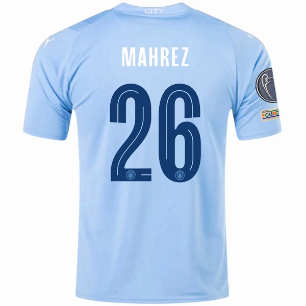 Anti Slip Inner Grip Thermoregulating Technology Puma Manchester City Riyad Mahrez Home Jersey w/ Champions League   Club World Cup Patches 23/24 (Team Light Blue/Puma White)